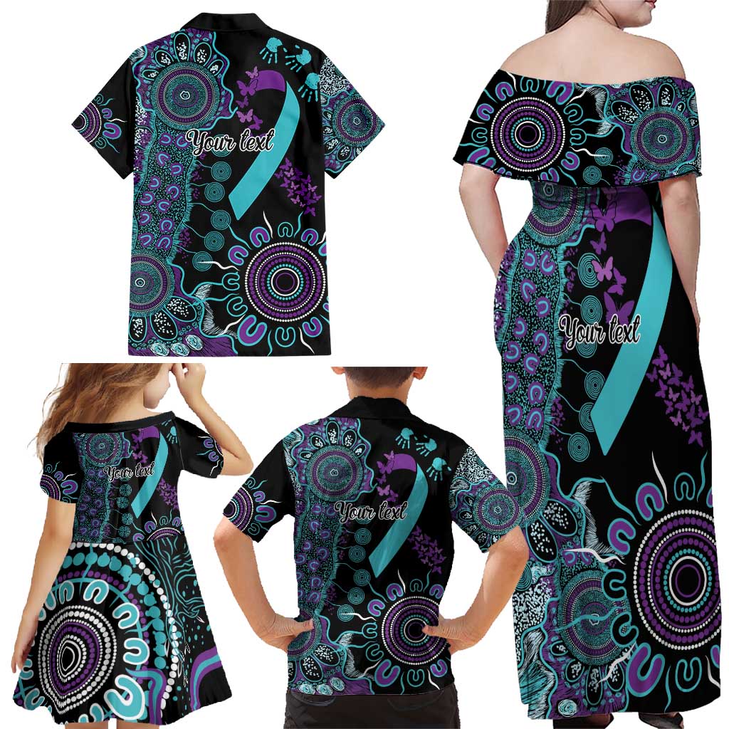 National Suicide Prevention Family Matching Off Shoulder Maxi Dress and Hawaiian Shirt Aboriginal Ribbon Dot Painting
