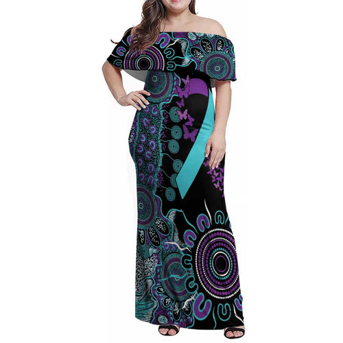 National Suicide Prevention Family Matching Off Shoulder Maxi Dress and Hawaiian Shirt Aboriginal Ribbon Dot Painting