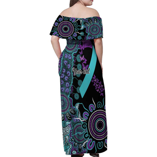 National Suicide Prevention Family Matching Off Shoulder Maxi Dress and Hawaiian Shirt Aboriginal Ribbon Dot Painting