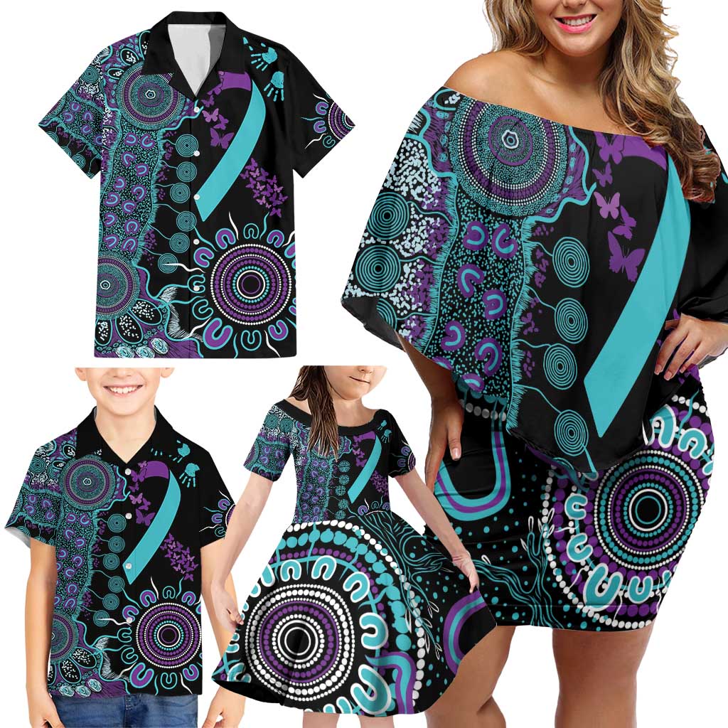 National Suicide Prevention Family Matching Off Shoulder Short Dress and Hawaiian Shirt Aboriginal Ribbon Dot Painting