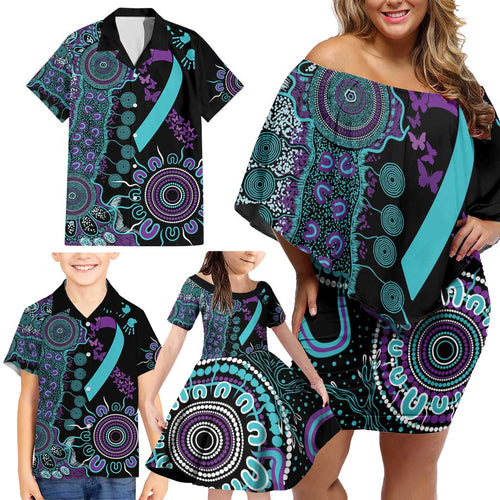 National Suicide Prevention Family Matching Off Shoulder Short Dress and Hawaiian Shirt Aboriginal Ribbon Dot Painting
