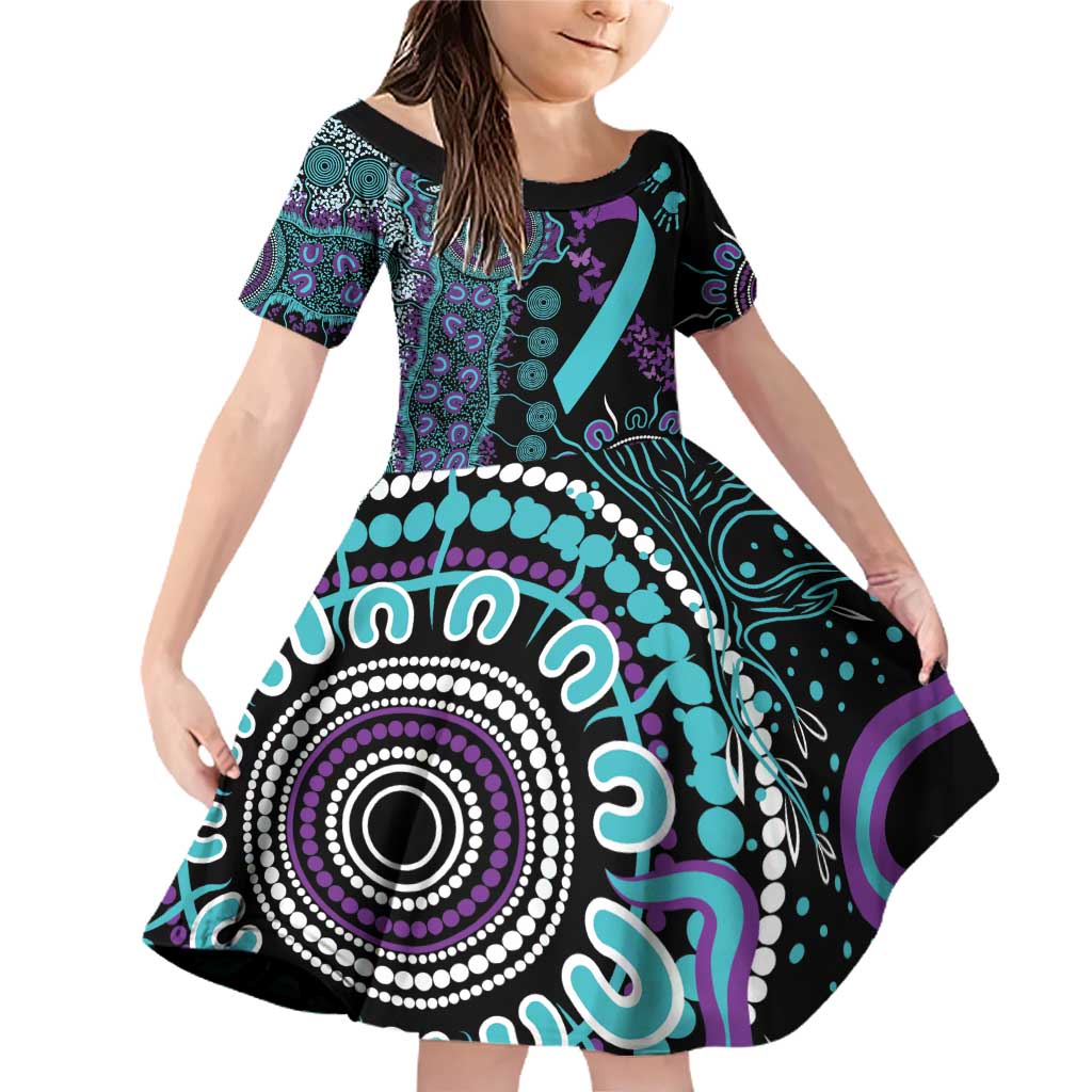 National Suicide Prevention Family Matching Off Shoulder Short Dress and Hawaiian Shirt Aboriginal Ribbon Dot Painting