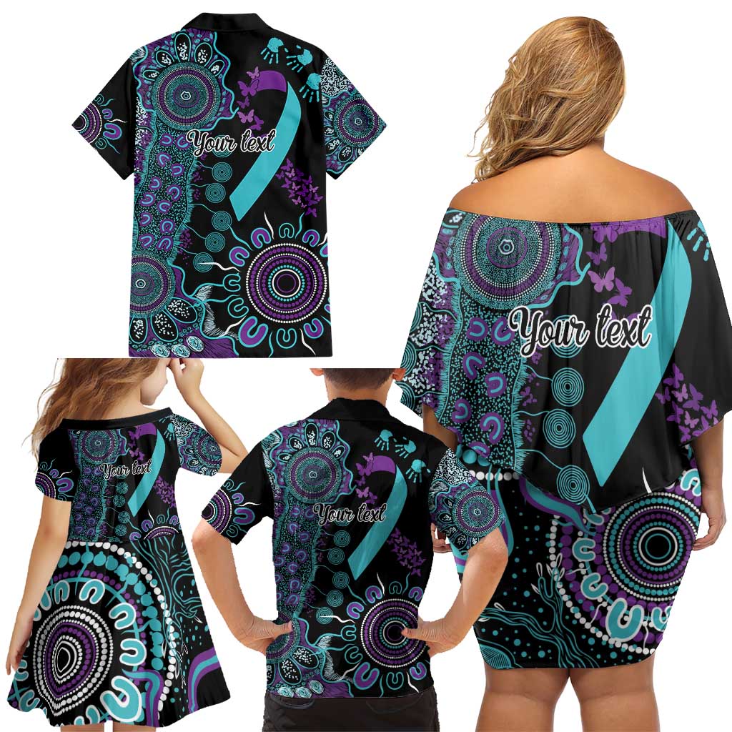 National Suicide Prevention Family Matching Off Shoulder Short Dress and Hawaiian Shirt Aboriginal Ribbon Dot Painting