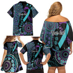 National Suicide Prevention Family Matching Off Shoulder Short Dress and Hawaiian Shirt Aboriginal Ribbon Dot Painting