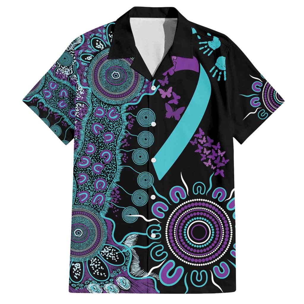 National Suicide Prevention Family Matching Off Shoulder Short Dress and Hawaiian Shirt Aboriginal Ribbon Dot Painting