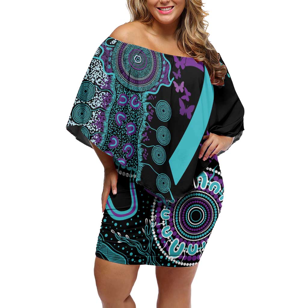 National Suicide Prevention Family Matching Off Shoulder Short Dress and Hawaiian Shirt Aboriginal Ribbon Dot Painting