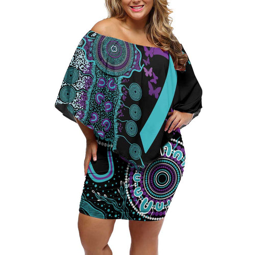 National Suicide Prevention Family Matching Off Shoulder Short Dress and Hawaiian Shirt Aboriginal Ribbon Dot Painting