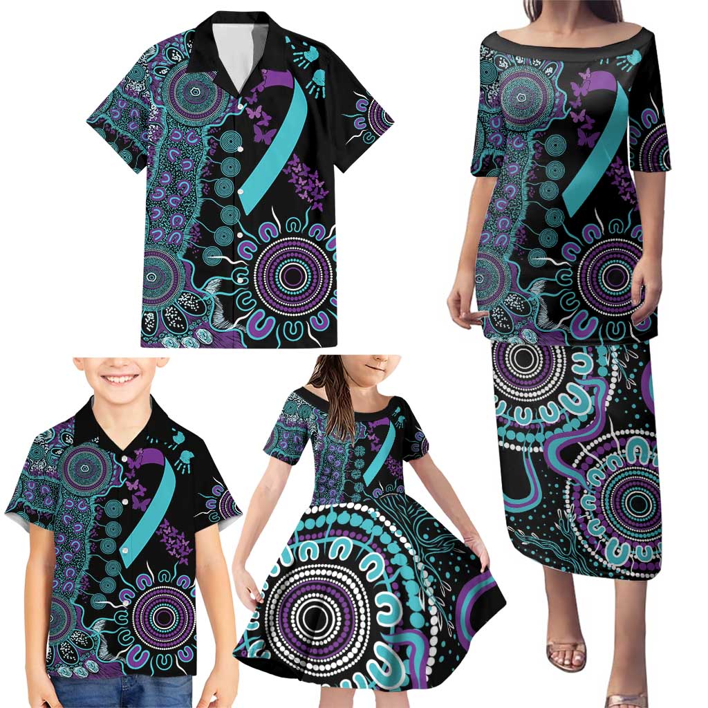 National Suicide Prevention Family Matching Puletasi and Hawaiian Shirt Aboriginal Ribbon Dot Painting