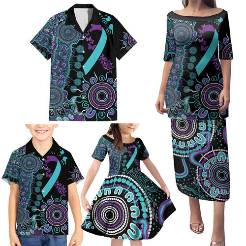 National Suicide Prevention Family Matching Puletasi and Hawaiian Shirt Aboriginal Ribbon Dot Painting