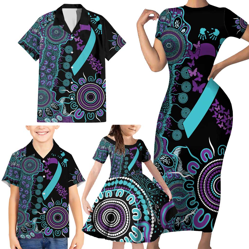 National Suicide Prevention Family Matching Short Sleeve Bodycon Dress and Hawaiian Shirt Aboriginal Ribbon Dot Painting