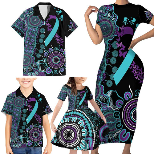 National Suicide Prevention Family Matching Short Sleeve Bodycon Dress and Hawaiian Shirt Aboriginal Ribbon Dot Painting
