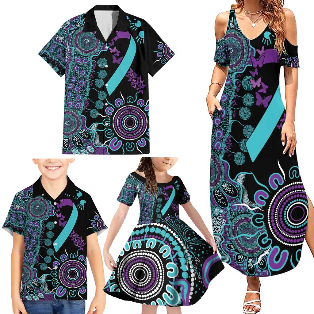 National Suicide Prevention Family Matching Summer Maxi Dress and Hawaiian Shirt Aboriginal Ribbon Dot Painting