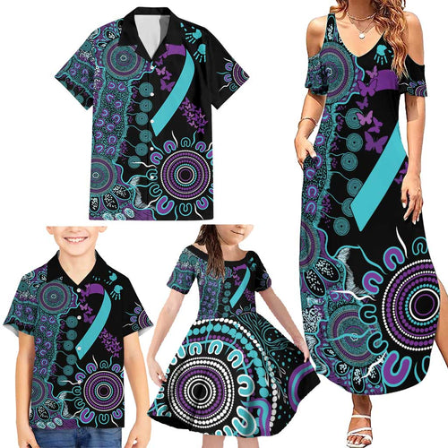 National Suicide Prevention Family Matching Summer Maxi Dress and Hawaiian Shirt Aboriginal Ribbon Dot Painting