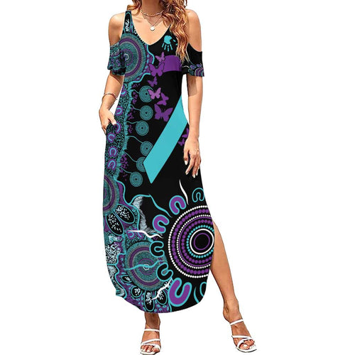 National Suicide Prevention Family Matching Summer Maxi Dress and Hawaiian Shirt Aboriginal Ribbon Dot Painting