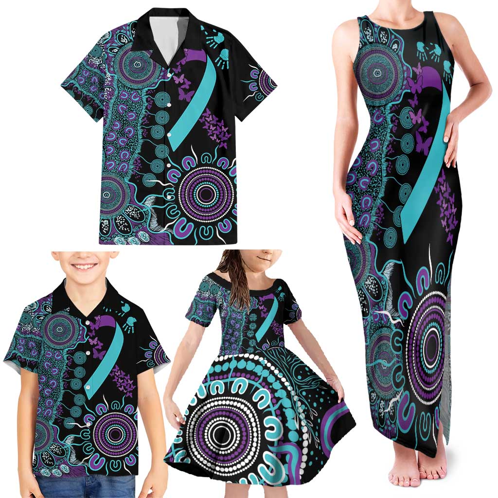National Suicide Prevention Family Matching Tank Maxi Dress and Hawaiian Shirt Aboriginal Ribbon Dot Painting