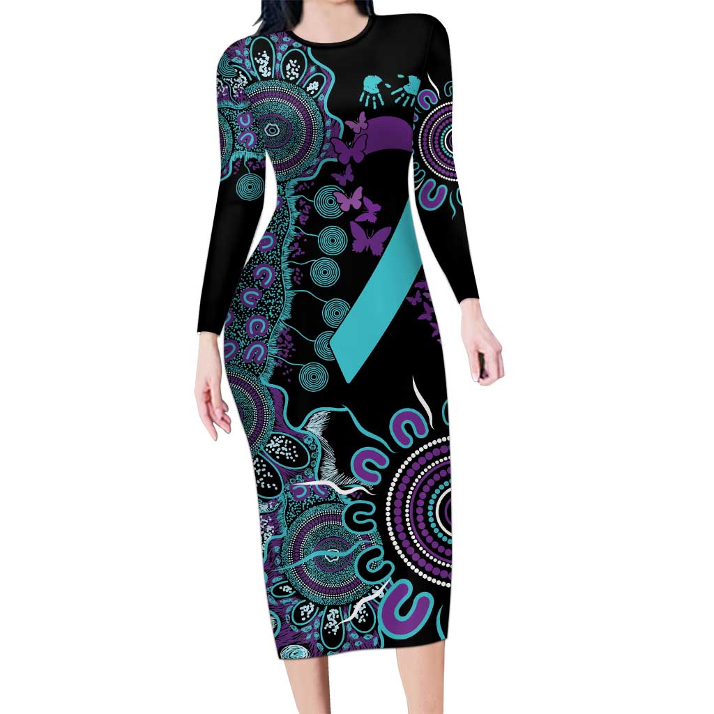 National Suicide Prevention Long Sleeve Bodycon Dress Aboriginal Ribbon Dot Painting