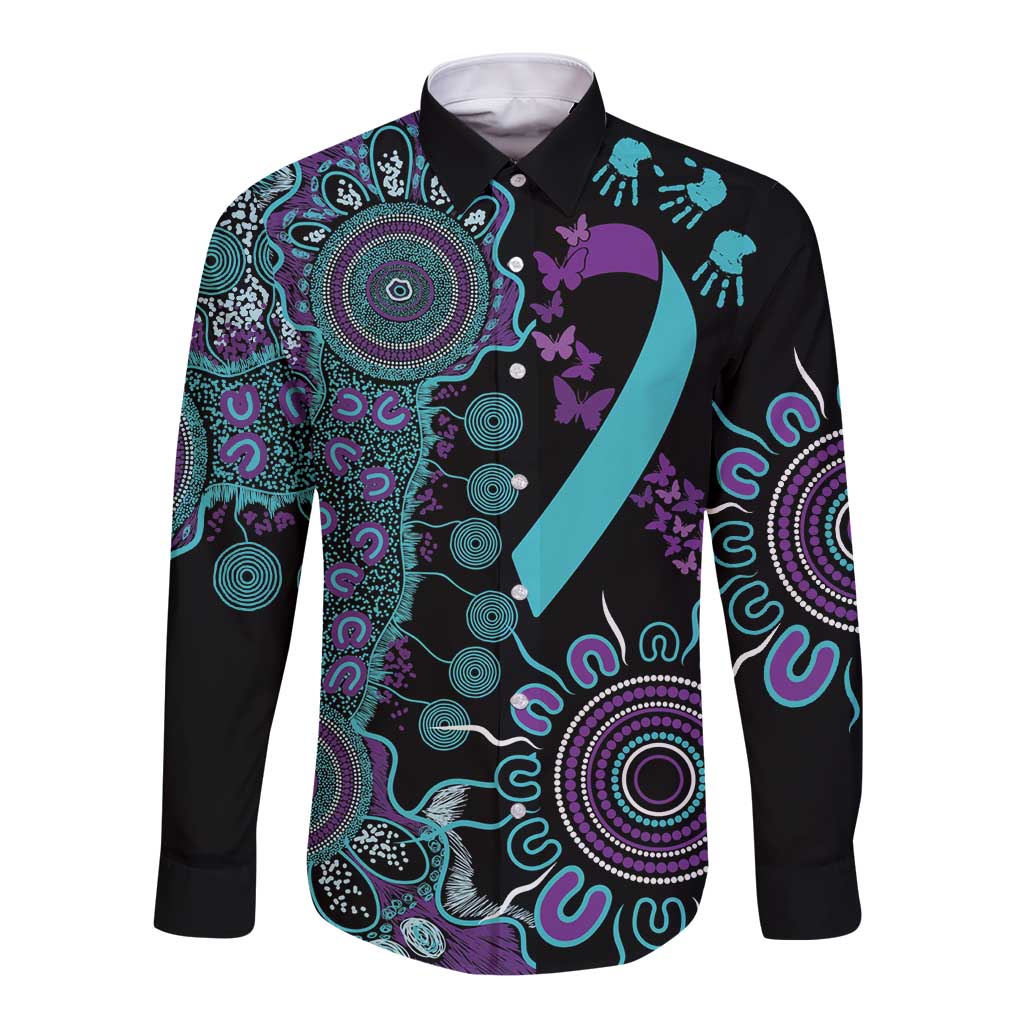 National Suicide Prevention Long Sleeve Button Shirt Aboriginal Ribbon Dot Painting