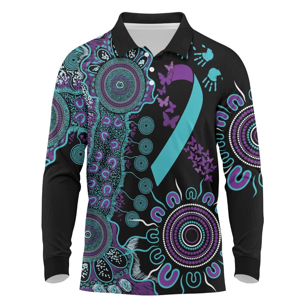 National Suicide Prevention Long Sleeve Polo Shirt Aboriginal Ribbon Dot Painting