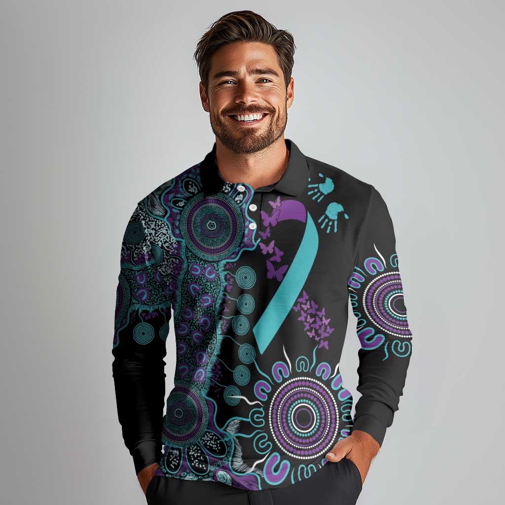 National Suicide Prevention Long Sleeve Polo Shirt Aboriginal Ribbon Dot Painting