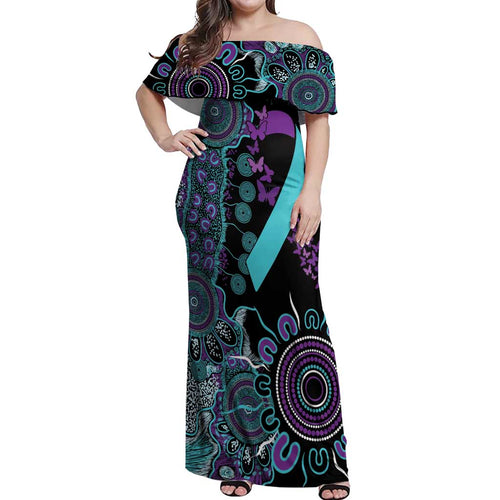 National Suicide Prevention Off Shoulder Maxi Dress Aboriginal Ribbon Dot Painting
