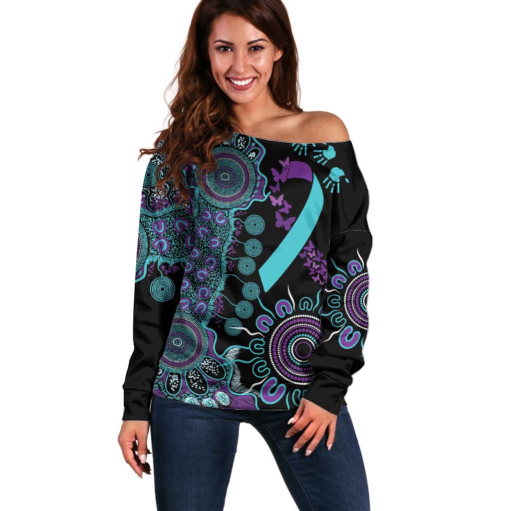 National Suicide Prevention Off Shoulder Sweater Aboriginal Ribbon Dot Painting
