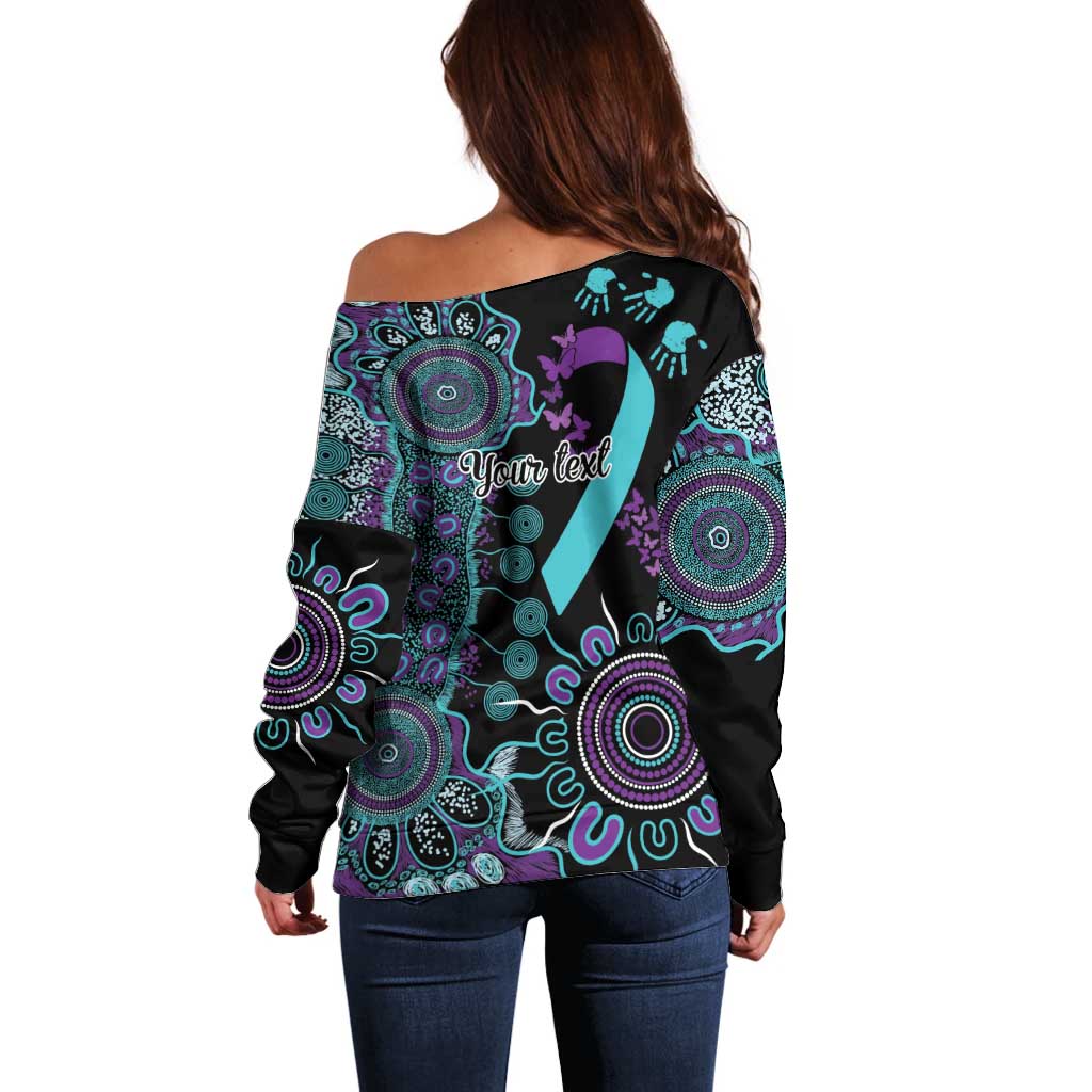 National Suicide Prevention Off Shoulder Sweater Aboriginal Ribbon Dot Painting
