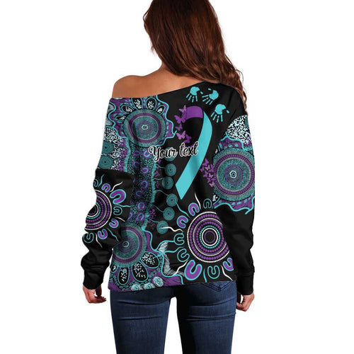 National Suicide Prevention Off Shoulder Sweater Aboriginal Ribbon Dot Painting