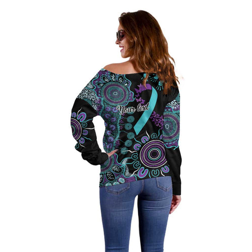 National Suicide Prevention Off Shoulder Sweater Aboriginal Ribbon Dot Painting