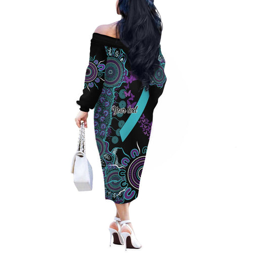 National Suicide Prevention Off The Shoulder Long Sleeve Dress Aboriginal Ribbon Dot Painting