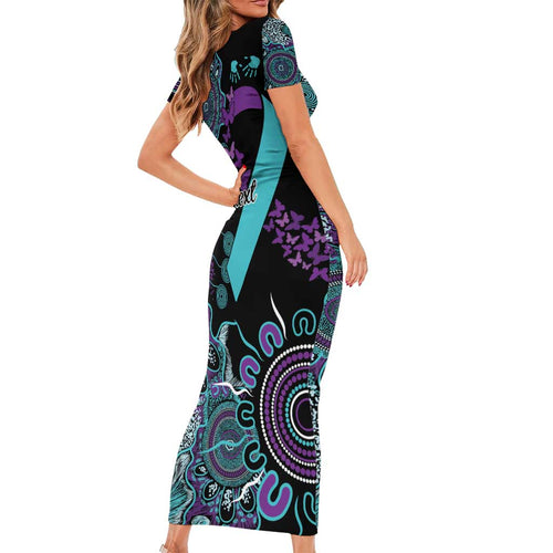 National Suicide Prevention Short Sleeve Bodycon Dress Aboriginal Ribbon Dot Painting