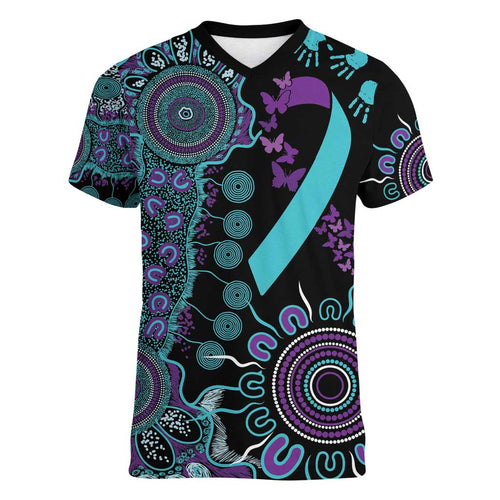 National Suicide Prevention Women V-Neck T-Shirt Aboriginal Ribbon Dot Painting