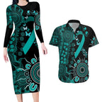 Ovarian Cancer Awareness Personalised Couples Matching Long Sleeve Bodycon Dress and Hawaiian Shirt Aboriginal Ribbon Dot Painting