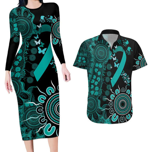 Ovarian Cancer Awareness Personalised Couples Matching Long Sleeve Bodycon Dress and Hawaiian Shirt Aboriginal Ribbon Dot Painting