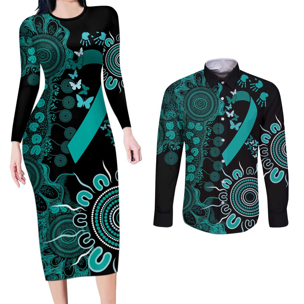 Ovarian Cancer Awareness Personalised Couples Matching Long Sleeve Bodycon Dress and Long Sleeve Button Shirt Aboriginal Ribbon Dot Painting