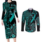 Ovarian Cancer Awareness Personalised Couples Matching Long Sleeve Bodycon Dress and Long Sleeve Button Shirt Aboriginal Ribbon Dot Painting