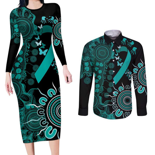 Ovarian Cancer Awareness Personalised Couples Matching Long Sleeve Bodycon Dress and Long Sleeve Button Shirt Aboriginal Ribbon Dot Painting