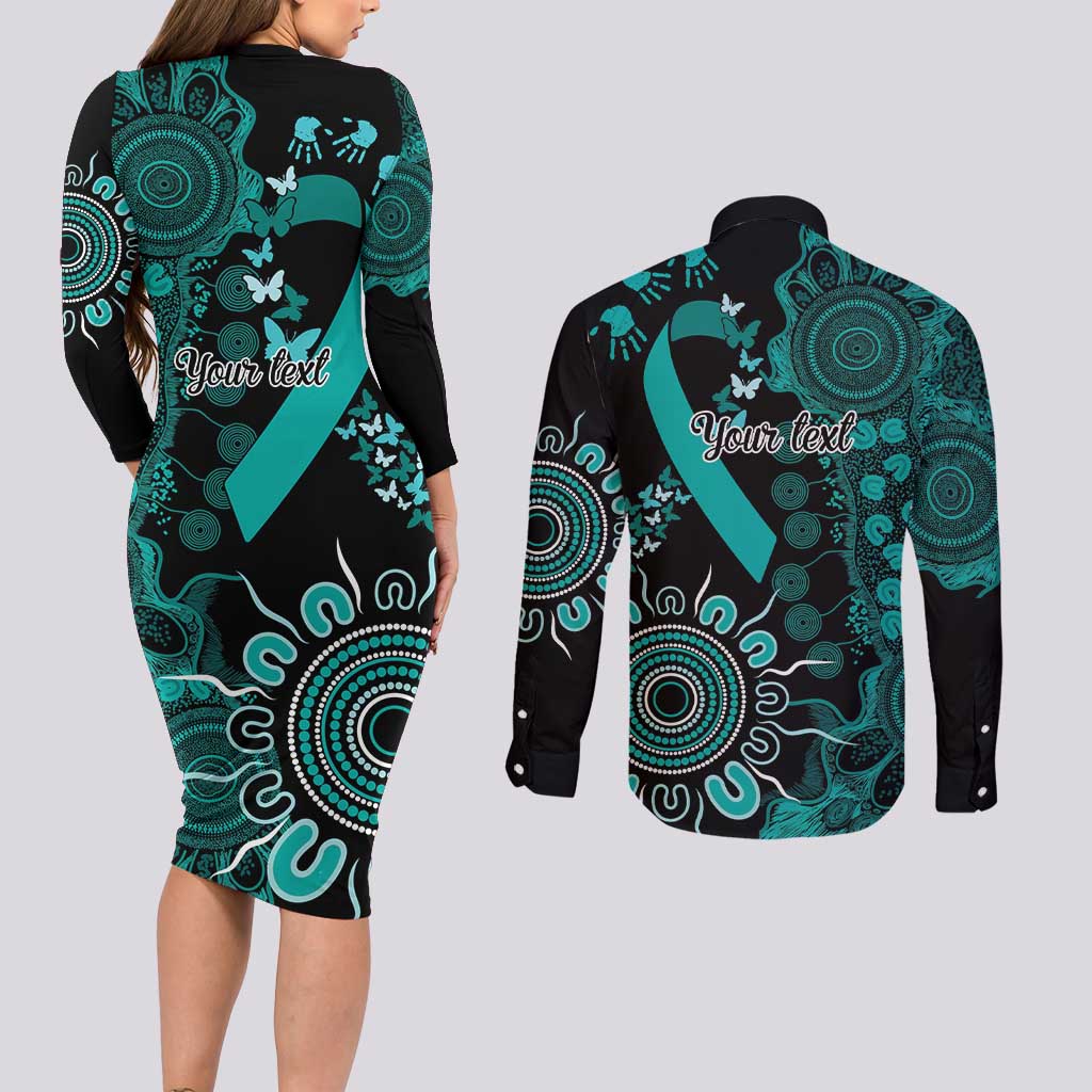 Ovarian Cancer Awareness Personalised Couples Matching Long Sleeve Bodycon Dress and Long Sleeve Button Shirt Aboriginal Ribbon Dot Painting