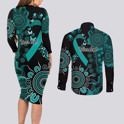 Ovarian Cancer Awareness Personalised Couples Matching Long Sleeve Bodycon Dress and Long Sleeve Button Shirt Aboriginal Ribbon Dot Painting