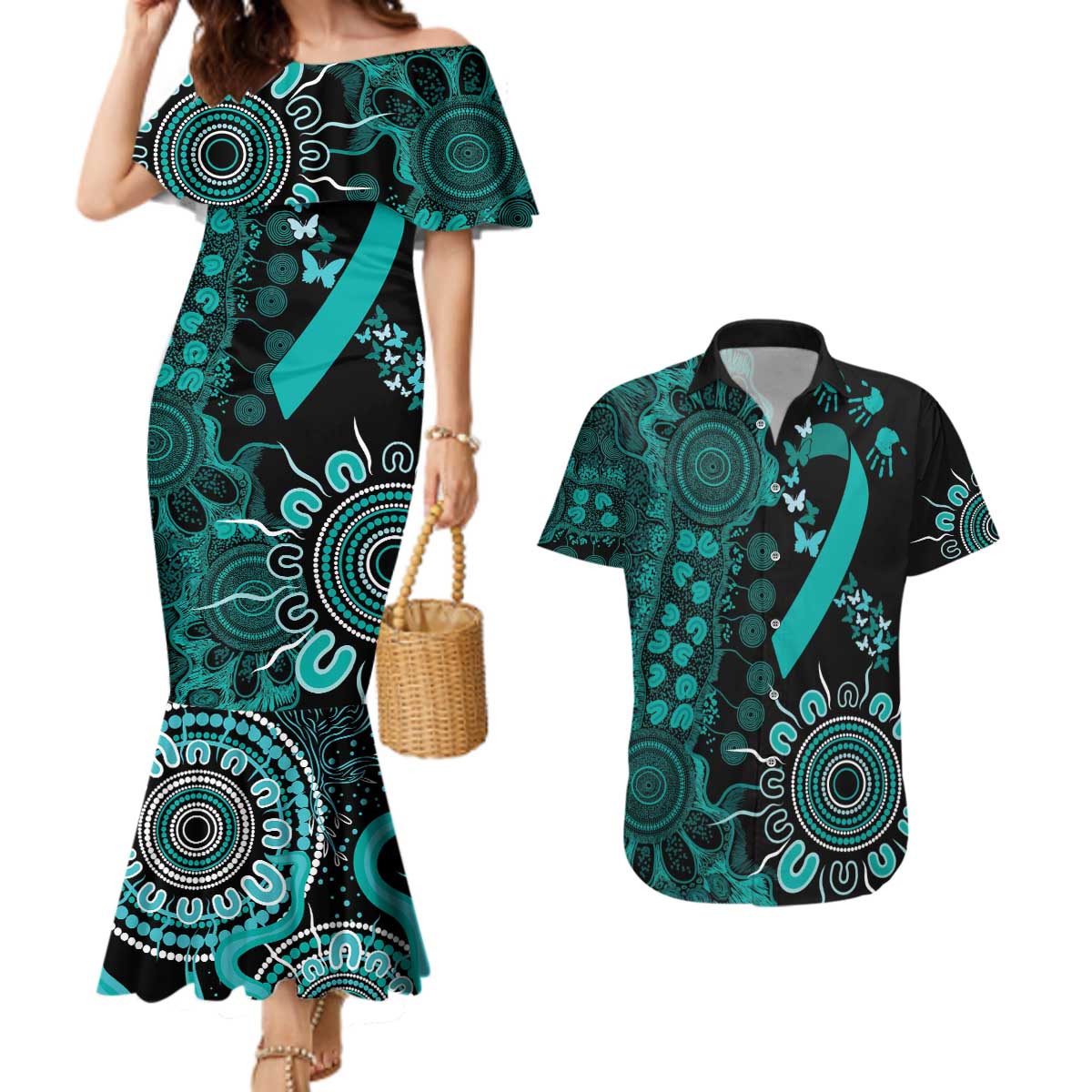 Ovarian Cancer Awareness Personalised Couples Matching Mermaid Dress and Hawaiian Shirt Aboriginal Ribbon Dot Painting