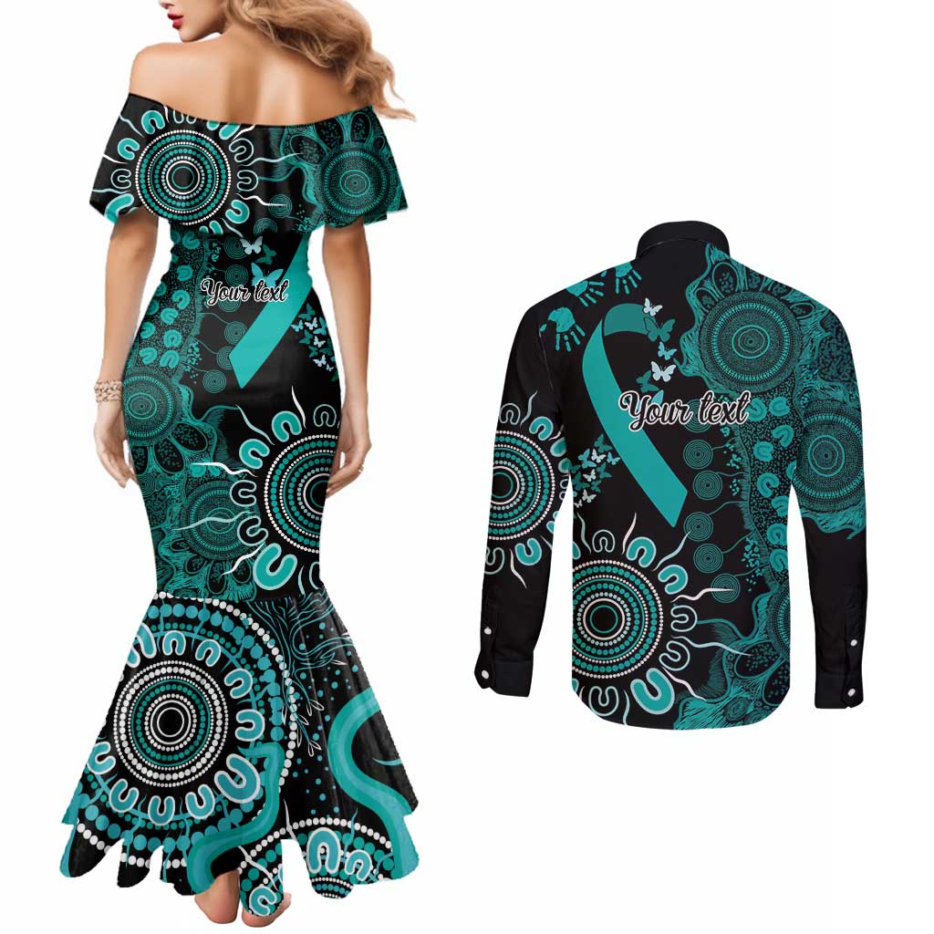 Ovarian Cancer Awareness Personalised Couples Matching Mermaid Dress and Long Sleeve Button Shirt Aboriginal Ribbon Dot Painting