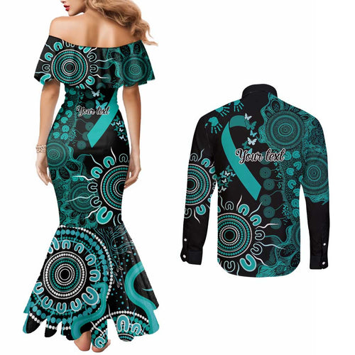 Ovarian Cancer Awareness Personalised Couples Matching Mermaid Dress and Long Sleeve Button Shirt Aboriginal Ribbon Dot Painting