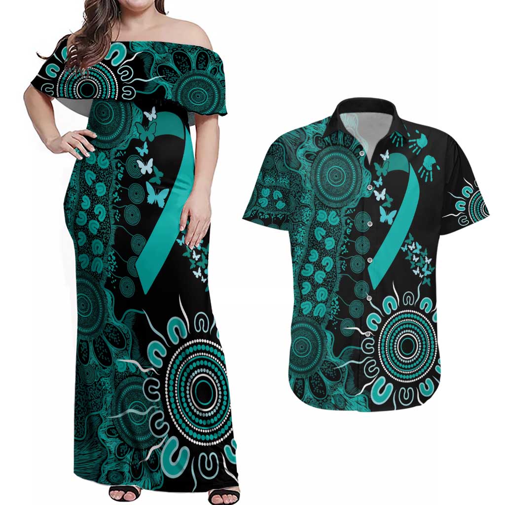 Ovarian Cancer Awareness Personalised Couples Matching Off Shoulder Maxi Dress and Hawaiian Shirt Aboriginal Ribbon Dot Painting