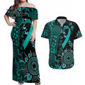 Ovarian Cancer Awareness Personalised Couples Matching Off Shoulder Maxi Dress and Hawaiian Shirt Aboriginal Ribbon Dot Painting