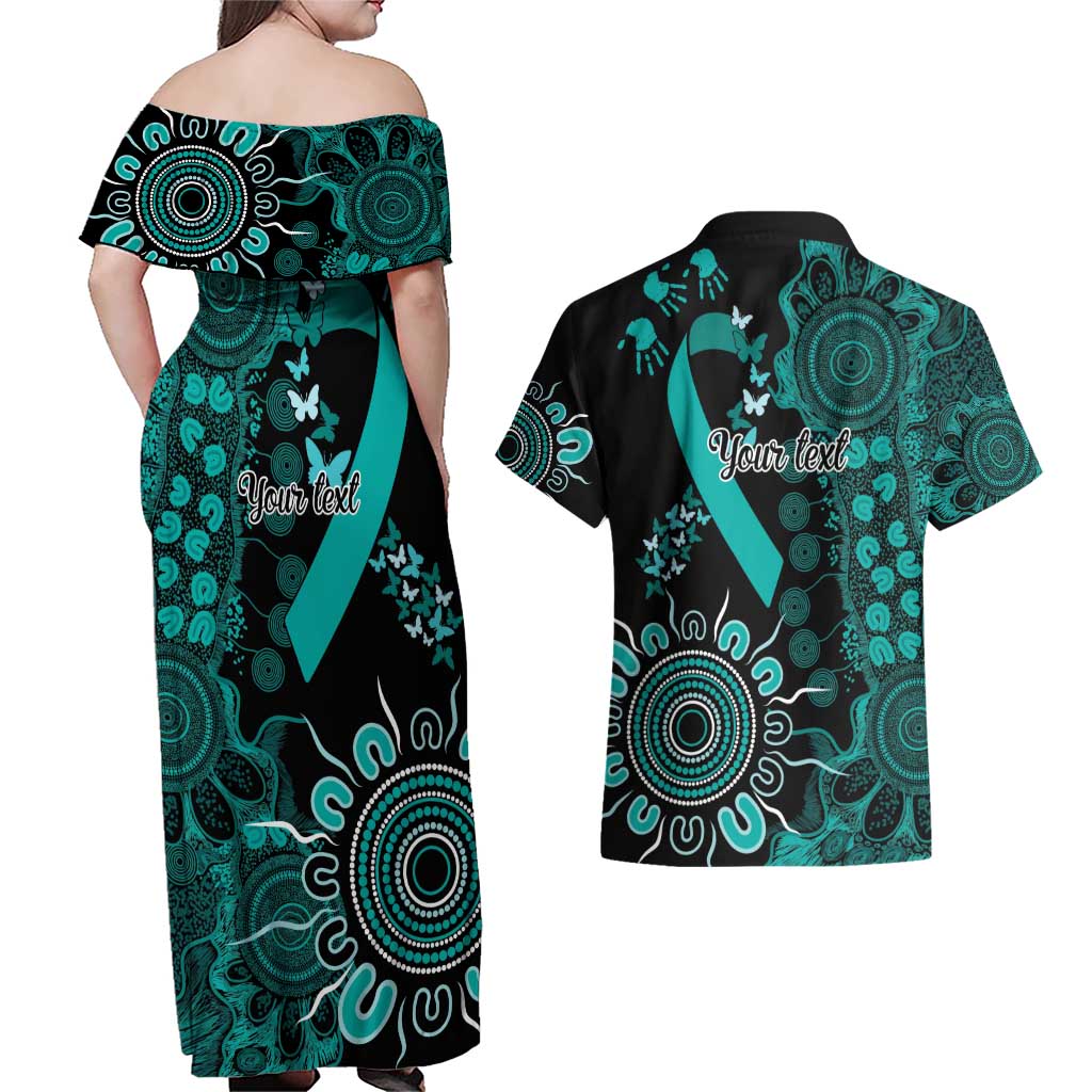 Ovarian Cancer Awareness Personalised Couples Matching Off Shoulder Maxi Dress and Hawaiian Shirt Aboriginal Ribbon Dot Painting