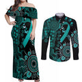 Ovarian Cancer Awareness Personalised Couples Matching Off Shoulder Maxi Dress and Long Sleeve Button Shirt Aboriginal Ribbon Dot Painting
