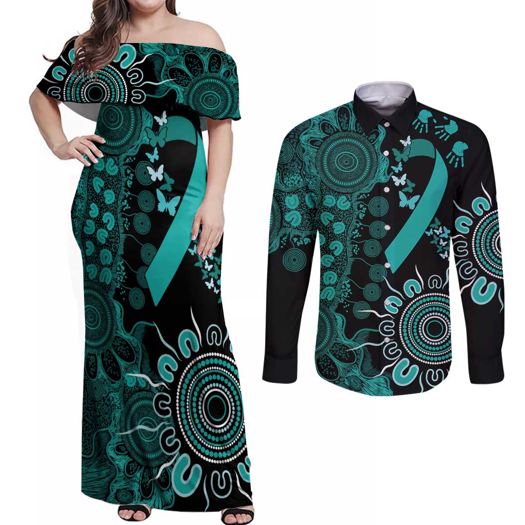 Ovarian Cancer Awareness Personalised Couples Matching Off Shoulder Maxi Dress and Long Sleeve Button Shirt Aboriginal Ribbon Dot Painting