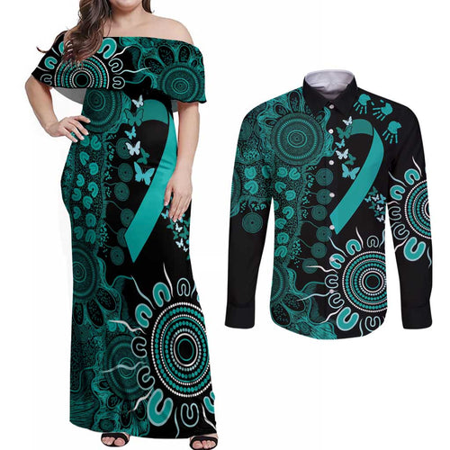 Ovarian Cancer Awareness Personalised Couples Matching Off Shoulder Maxi Dress and Long Sleeve Button Shirt Aboriginal Ribbon Dot Painting