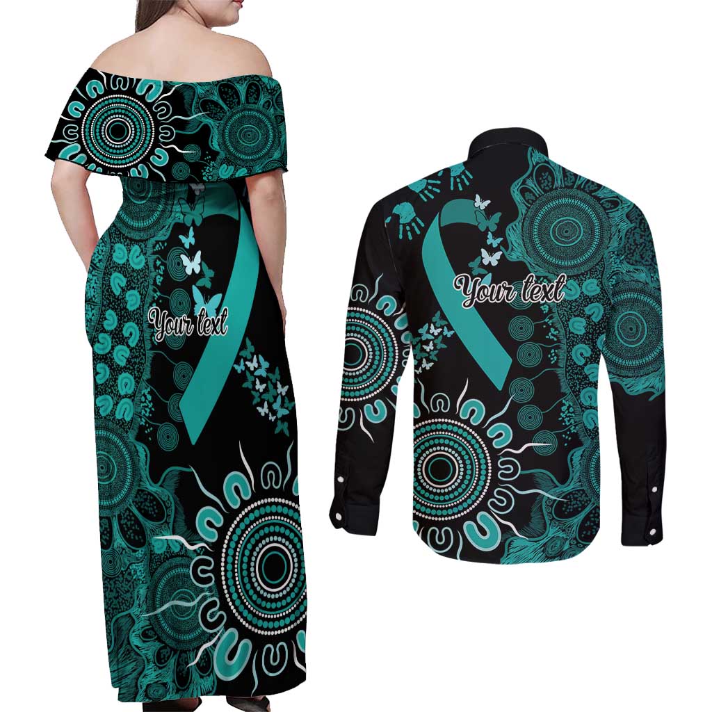 Ovarian Cancer Awareness Personalised Couples Matching Off Shoulder Maxi Dress and Long Sleeve Button Shirt Aboriginal Ribbon Dot Painting