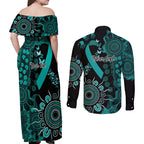 Ovarian Cancer Awareness Personalised Couples Matching Off Shoulder Maxi Dress and Long Sleeve Button Shirt Aboriginal Ribbon Dot Painting