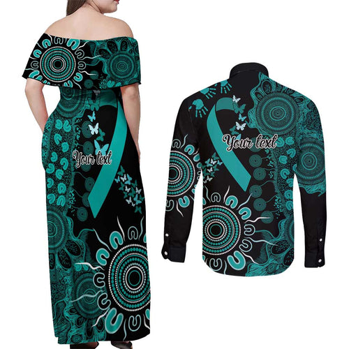 Ovarian Cancer Awareness Personalised Couples Matching Off Shoulder Maxi Dress and Long Sleeve Button Shirt Aboriginal Ribbon Dot Painting